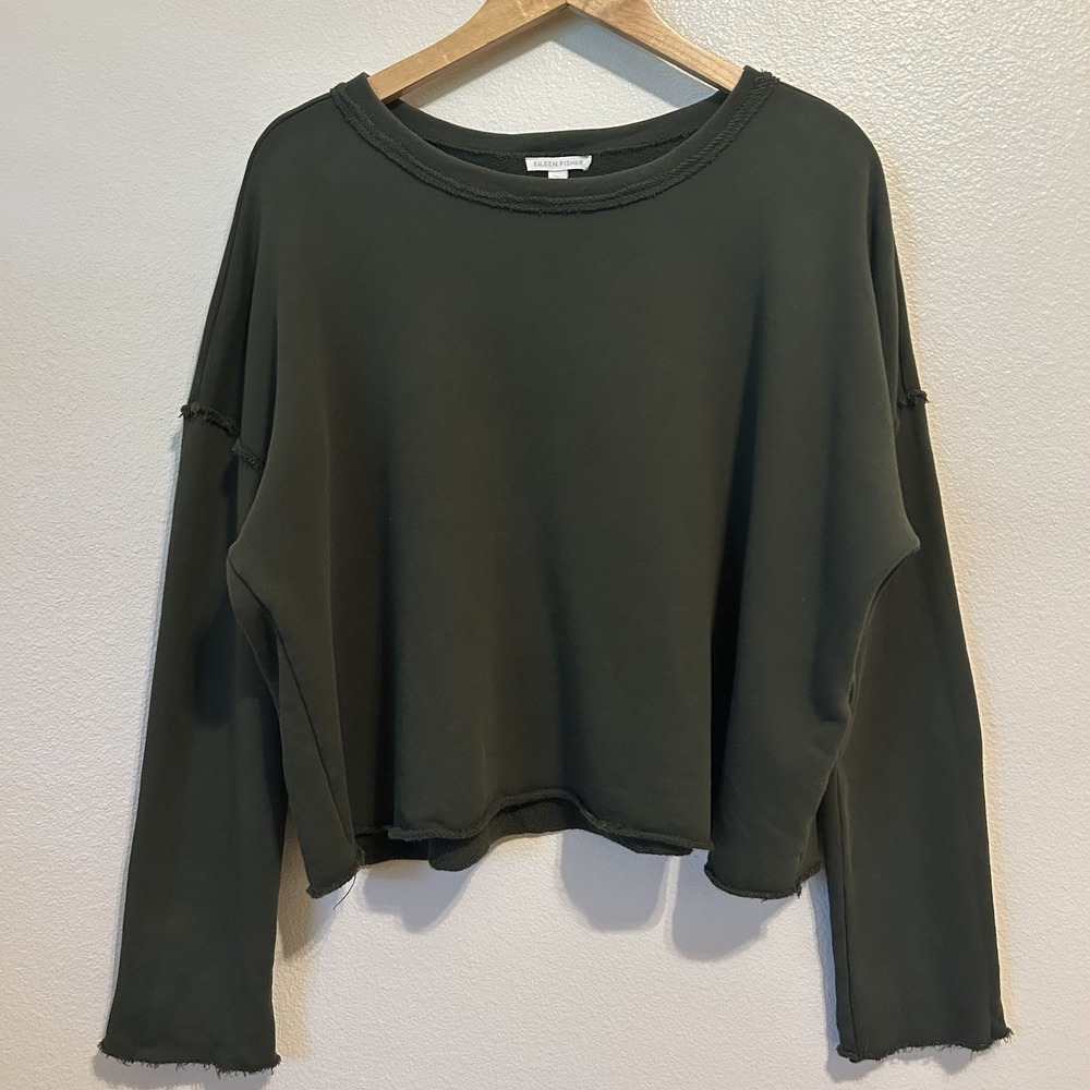 EILEEN FISHER Sweatshirt S Organic Cotton French Terry Pullover Top Olive Green